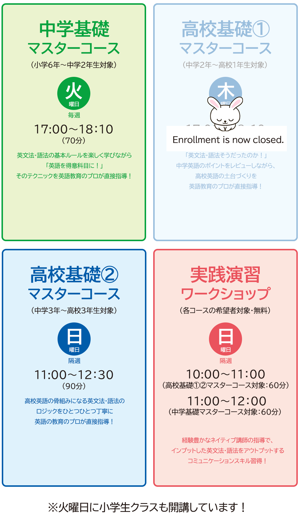 Courseの種類　中学基礎マスターコース　高校基礎マスターコース　実践演習ワークショップ